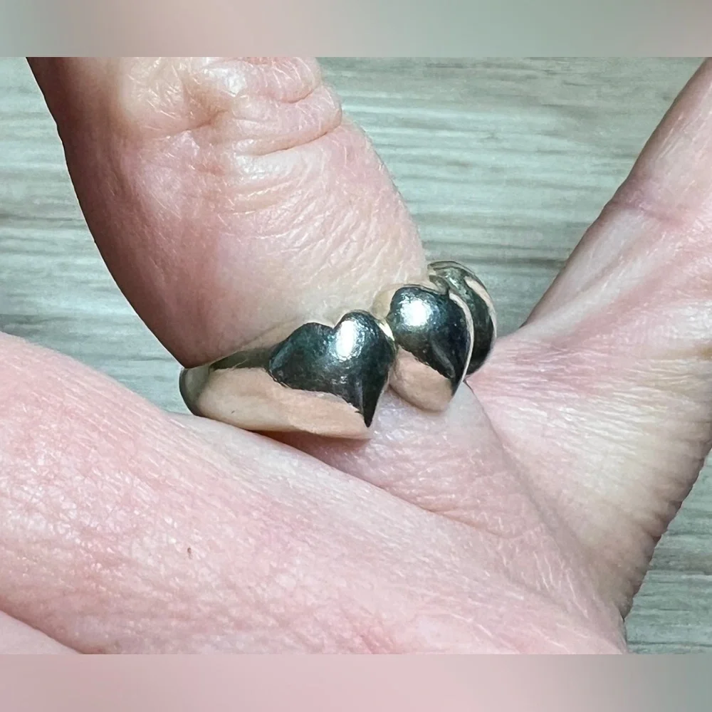Vintage Handmade Sterling Silver Triple Heart Band Ring, Size 5.75, 3.2g